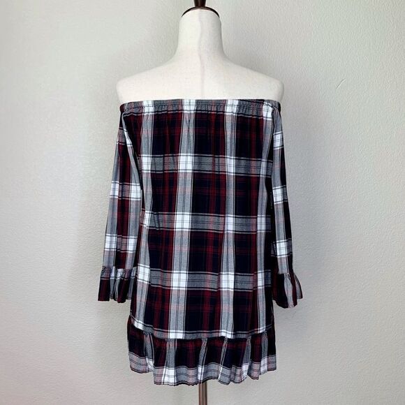 For the Republic Plaid Off Shoulder Bell Sleeves Peplum Top - Picture 7 of 11